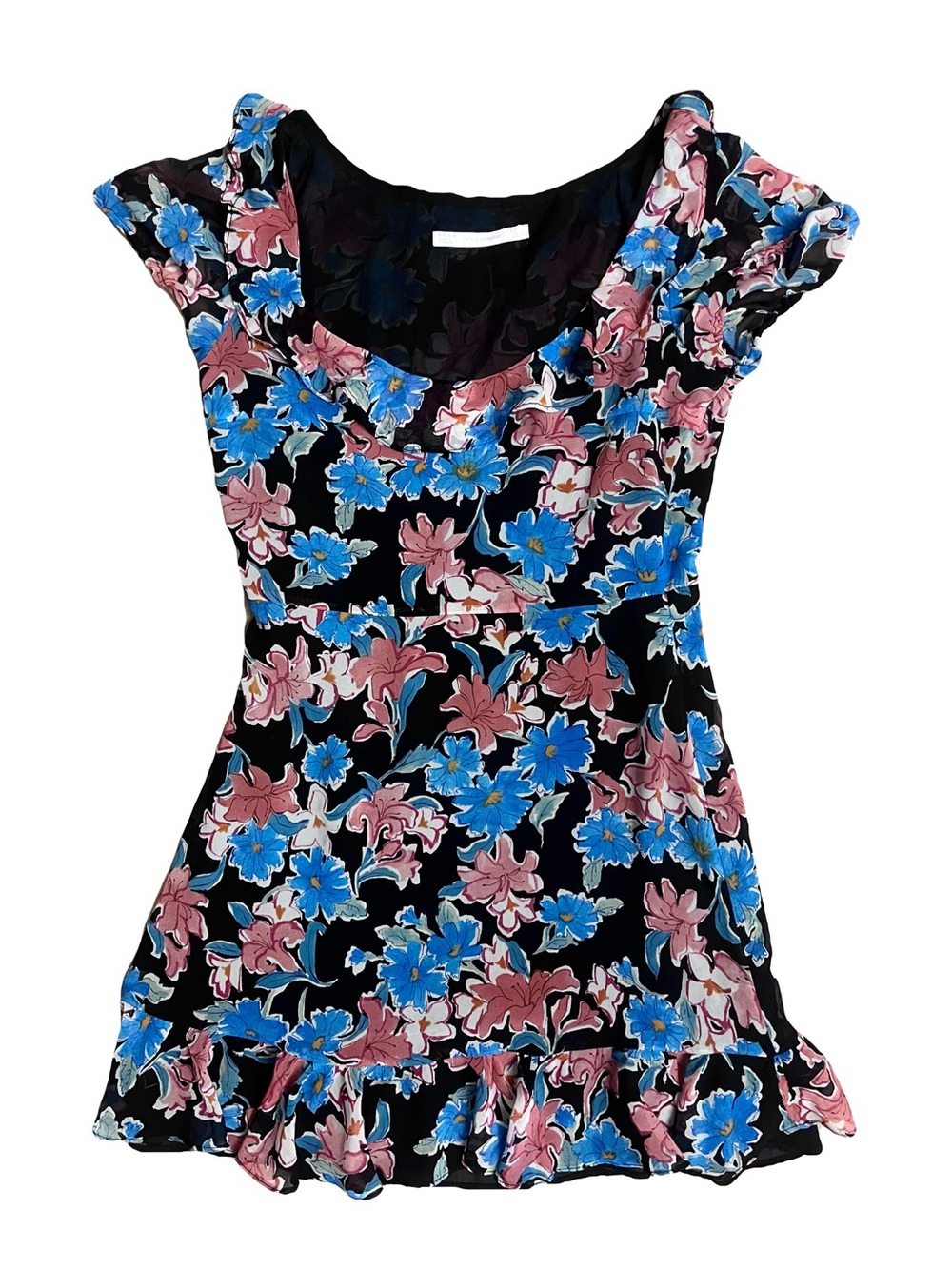 New Zara Black Pink Blue Floral Hibiscus Short Sleeve Ruffle Mini